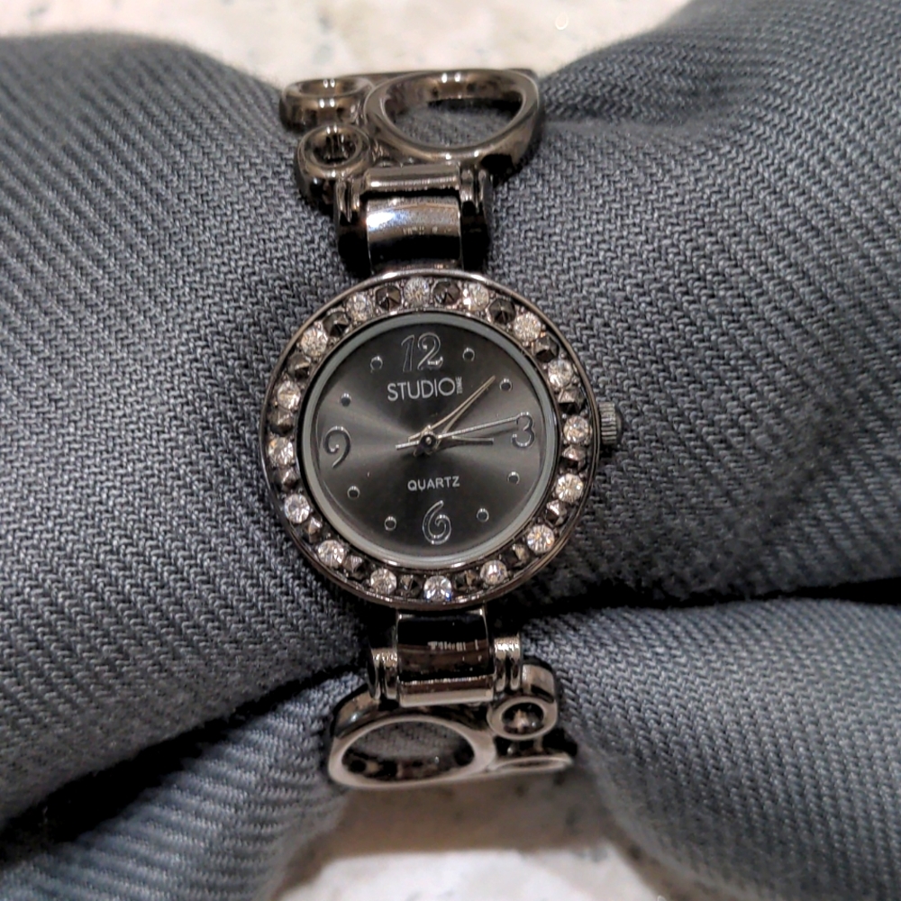 Studio Time Gun Metal Adjustable Cuff Watch with Rhinestone Embellishmen…